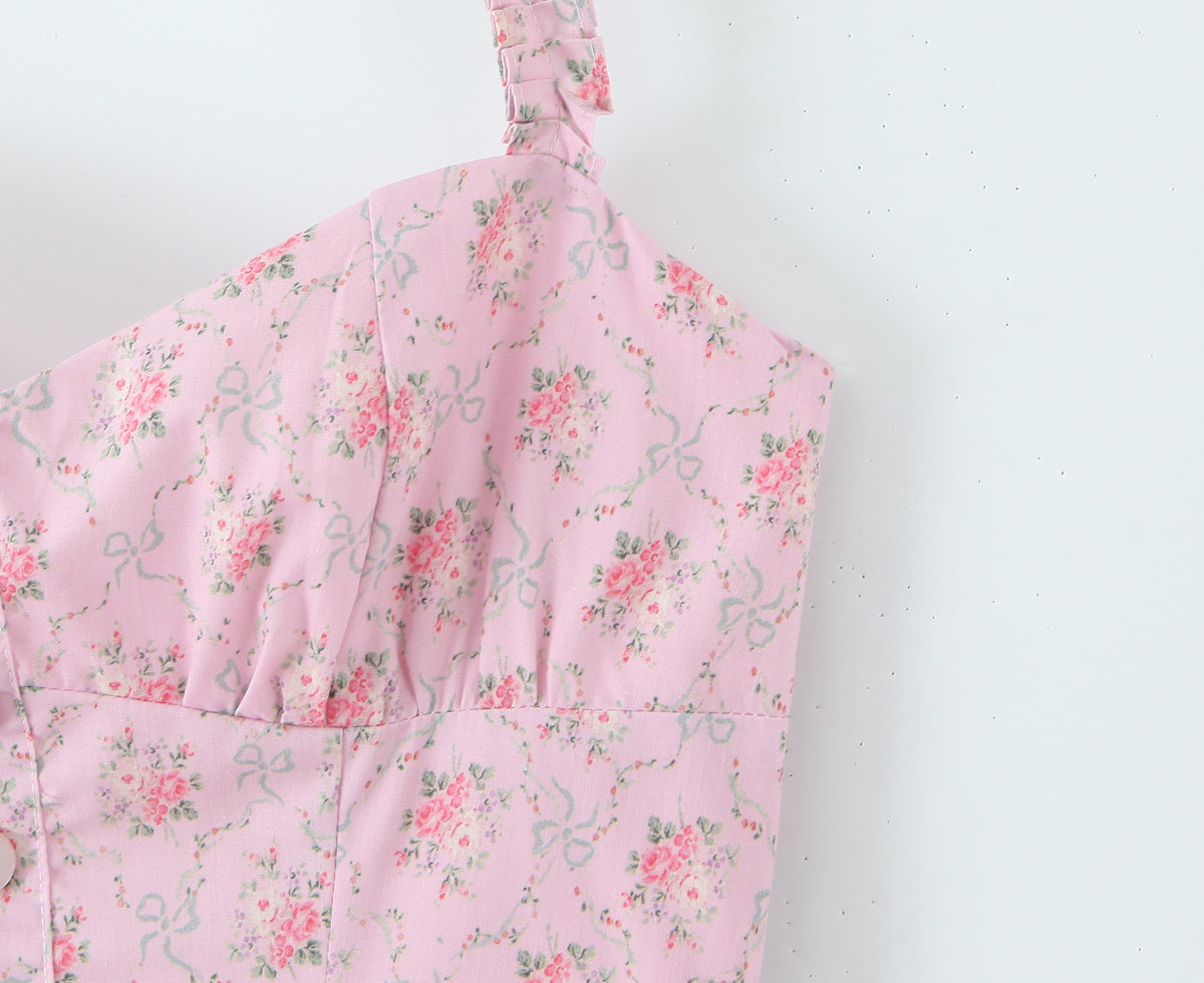 Pink Floral Halter Midi Dress | Backless, Slim Fit | noémi