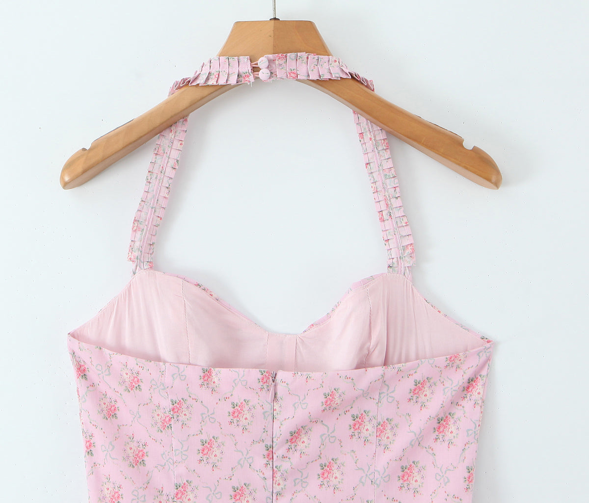 Pink Floral Halter Midi Dress | Backless, Slim Fit | noémi