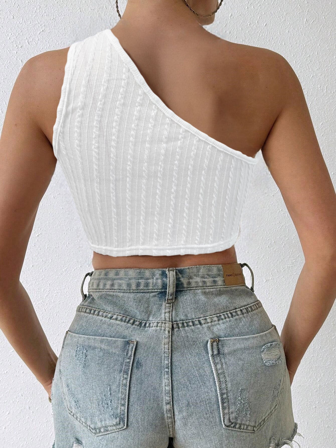 White One Shoulder Knit Crop Top with Fringe Tassel Hem | noémi