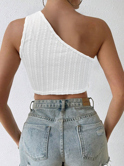 White One Shoulder Knit Crop Top with Fringe Tassel Hem | noémi