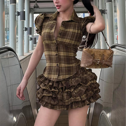 Plaid Puff Sleeve Blouse & Ruffle Mini Skirt Set | Brown Checkered Two Piece Outfit | noémi