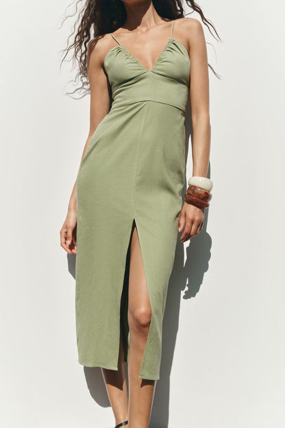 Womens Linen Midi Dress | Strappy Backless Front Slit | noémi