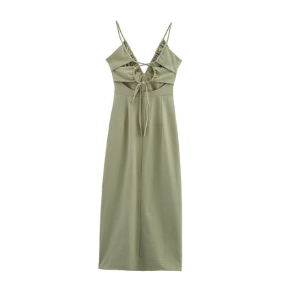 Womens Linen Midi Dress | Strappy Backless Front Slit | noémi
