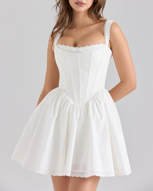 White Lace Mini Dress | Square Neck & Bow Detail | noémi