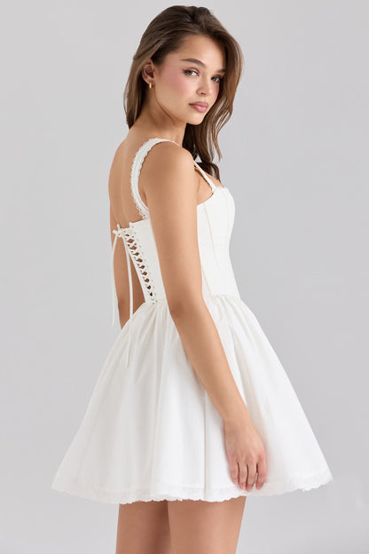 White Lace Mini Dress | Square Neck & Bow Detail | noémi