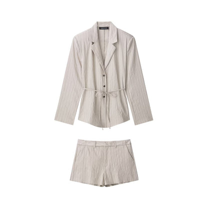 Womens Striped Blazer & Shorts Set | Lightweight, Tie Waist Belted Jacket, Matching Suit | noémi