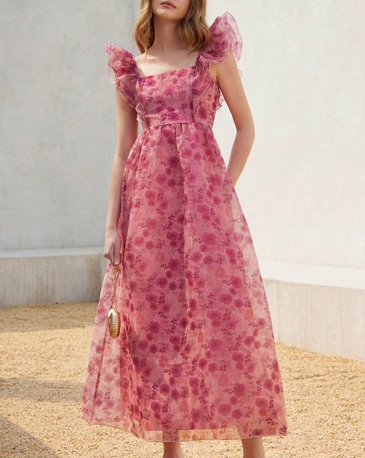 Womens Ruffle Sleeve Midi Dress with Fitted Waist | noémi