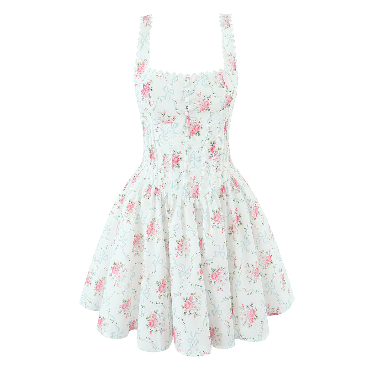 Floral Sweet Rose Print Pleated Lace Waist Slip Dress with Bowknot | noémi