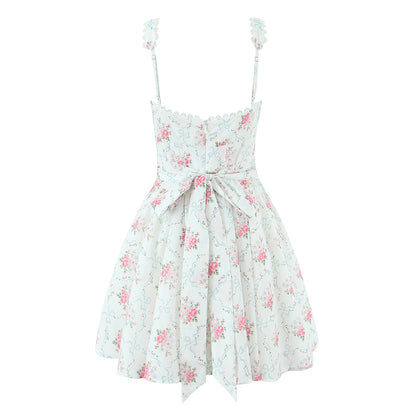 Floral Sweet Rose Print Pleated Lace Waist Slip Dress with Bowknot | noémi