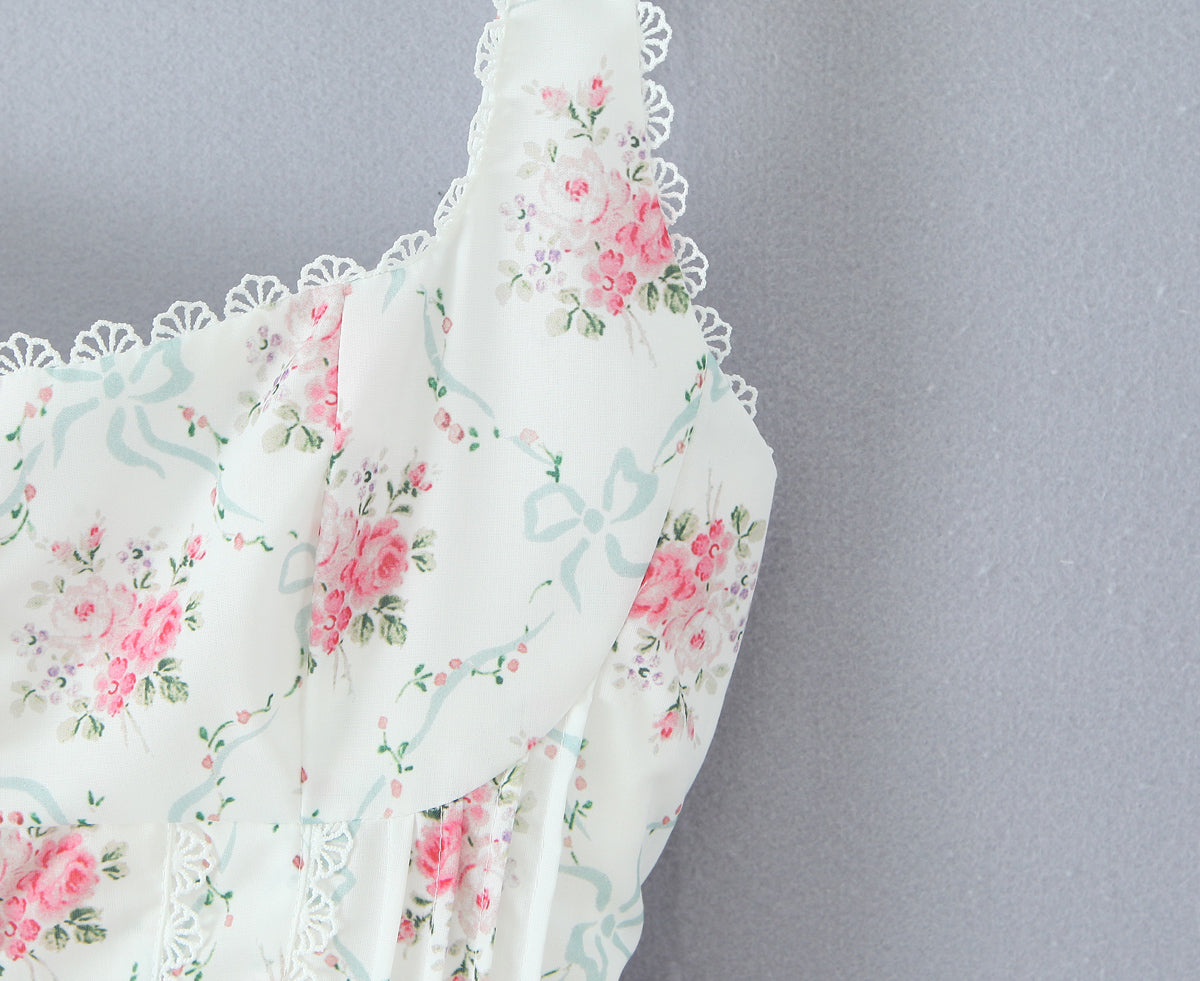 Floral Sweet Rose Print Pleated Lace Waist Slip Dress with Bowknot | noémi