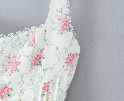 Floral Sweet Rose Print Pleated Lace Waist Slip Dress with Bowknot | noémi