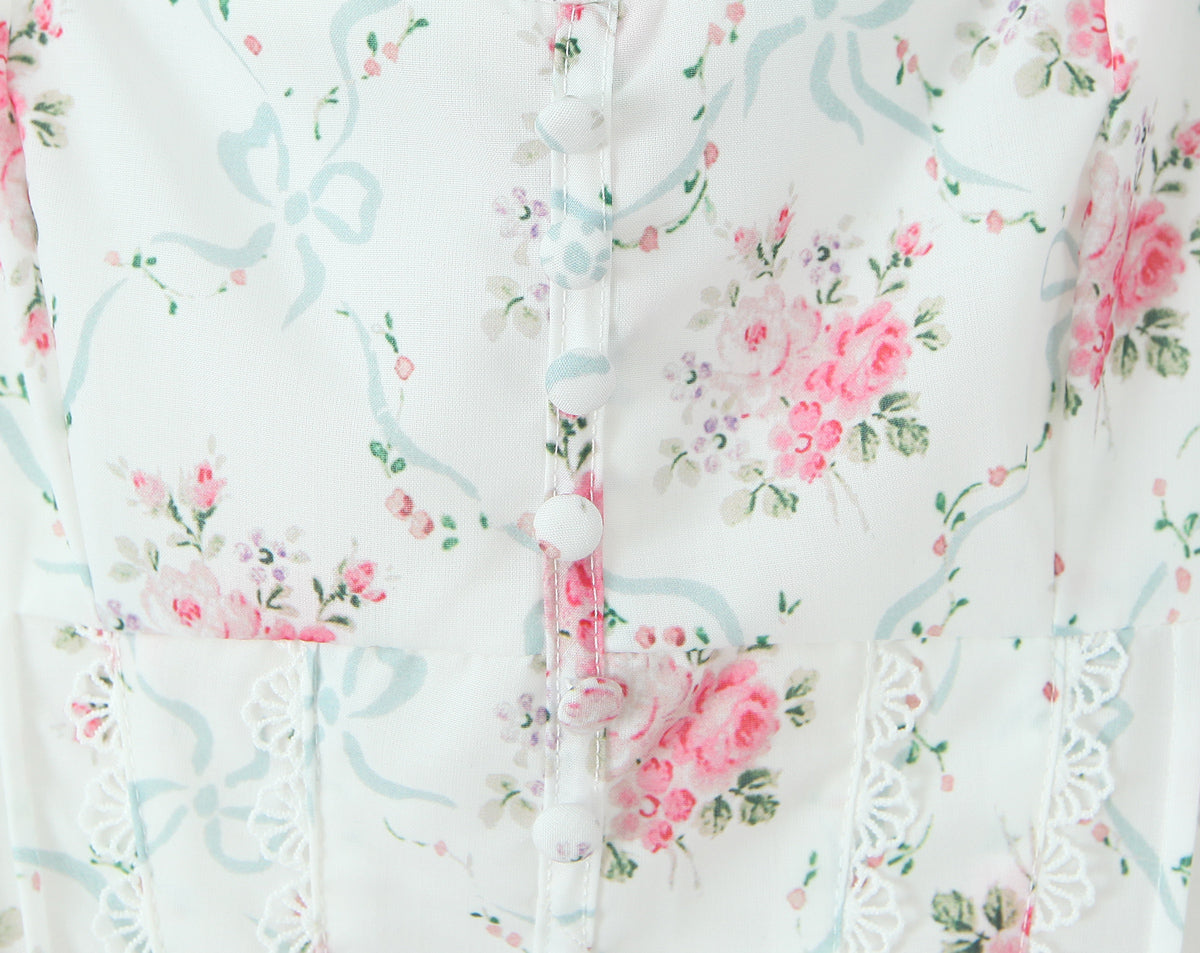 Floral Sweet Rose Print Pleated Lace Waist Slip Dress with Bowknot | noémi