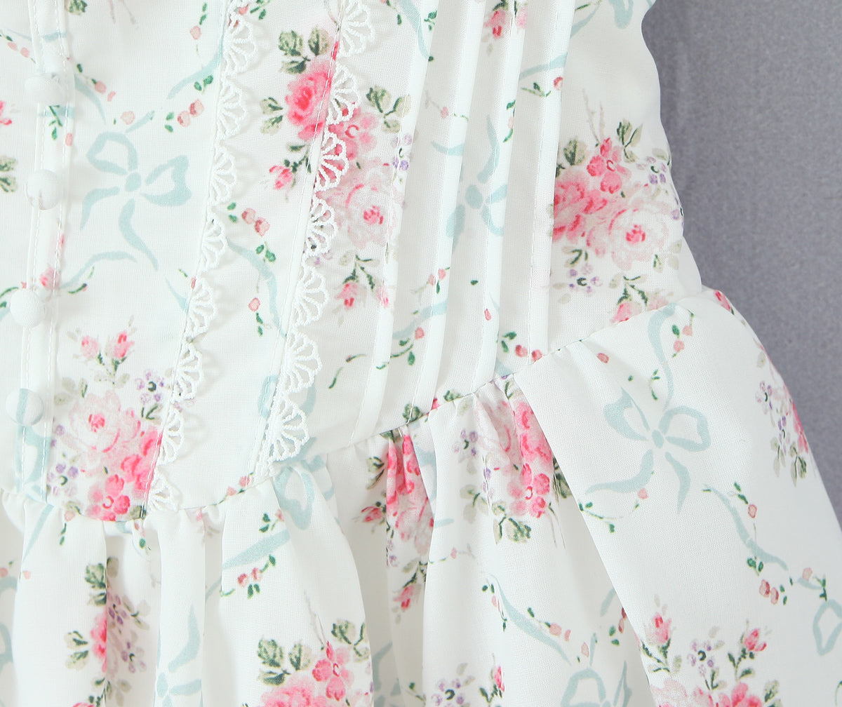 Floral Sweet Rose Print Pleated Lace Waist Slip Dress with Bowknot | noémi