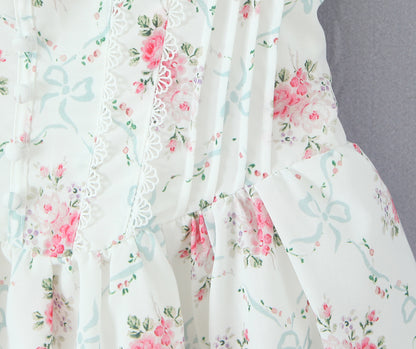 Floral Sweet Rose Print Pleated Lace Waist Slip Dress with Bowknot | noémi