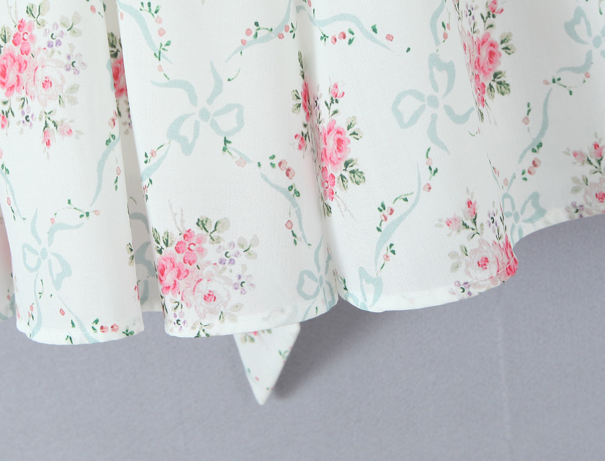 Floral Sweet Rose Print Pleated Lace Waist Slip Dress with Bowknot | noémi