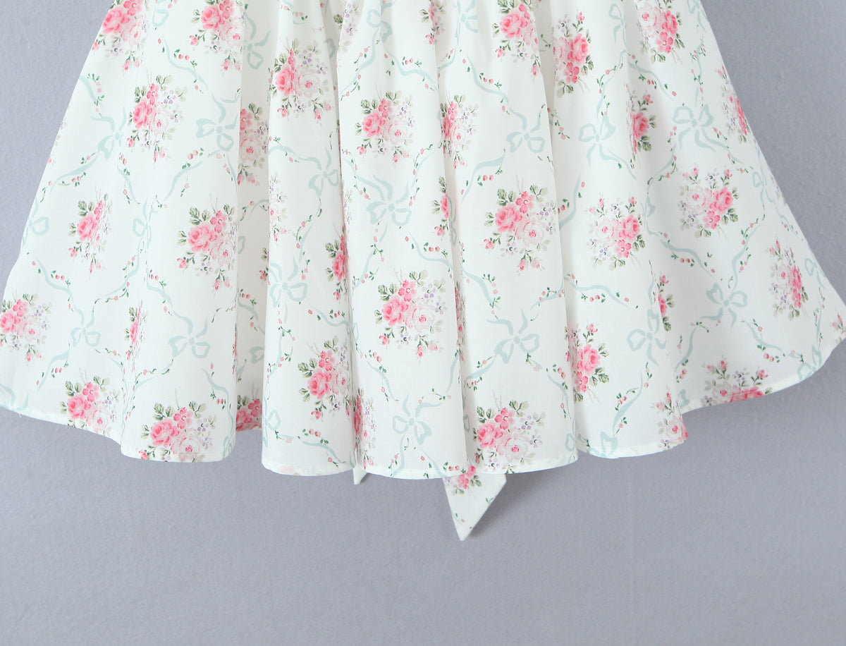 Floral Sweet Rose Print Pleated Lace Waist Slip Dress with Bowknot | noémi