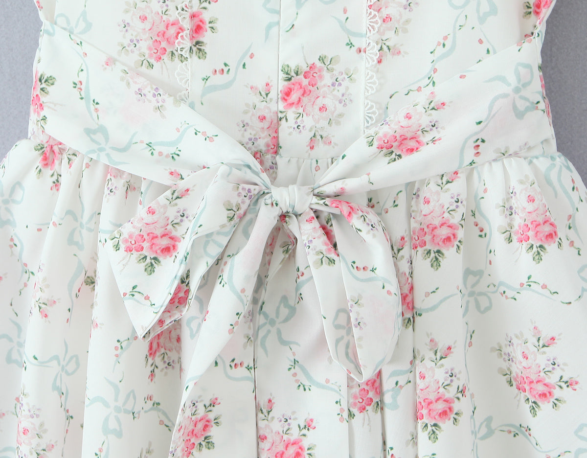 Floral Sweet Rose Print Pleated Lace Waist Slip Dress with Bowknot | noémi