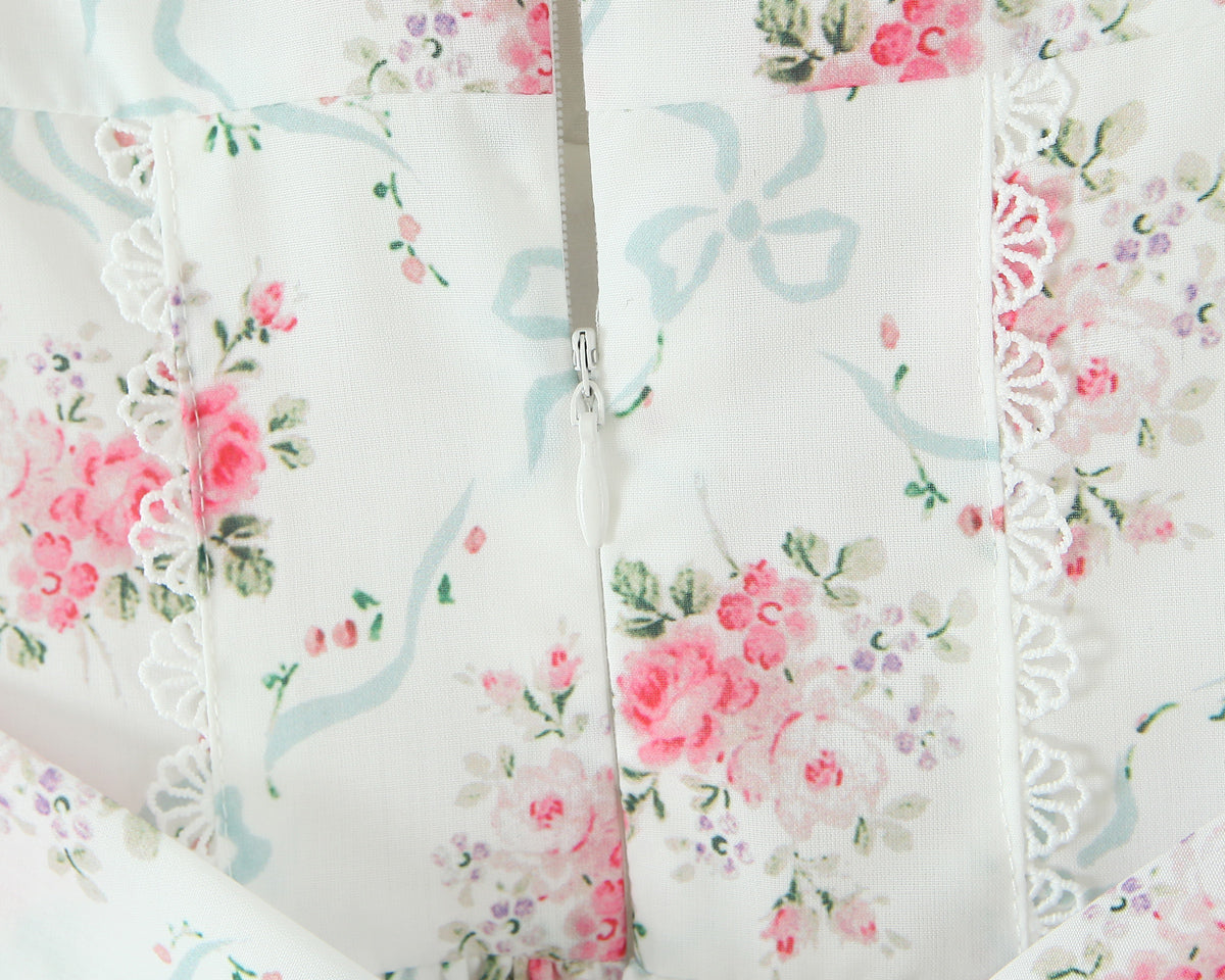 Floral Sweet Rose Print Pleated Lace Waist Slip Dress with Bowknot | noémi