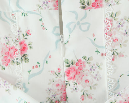 Floral Sweet Rose Print Pleated Lace Waist Slip Dress with Bowknot | noémi