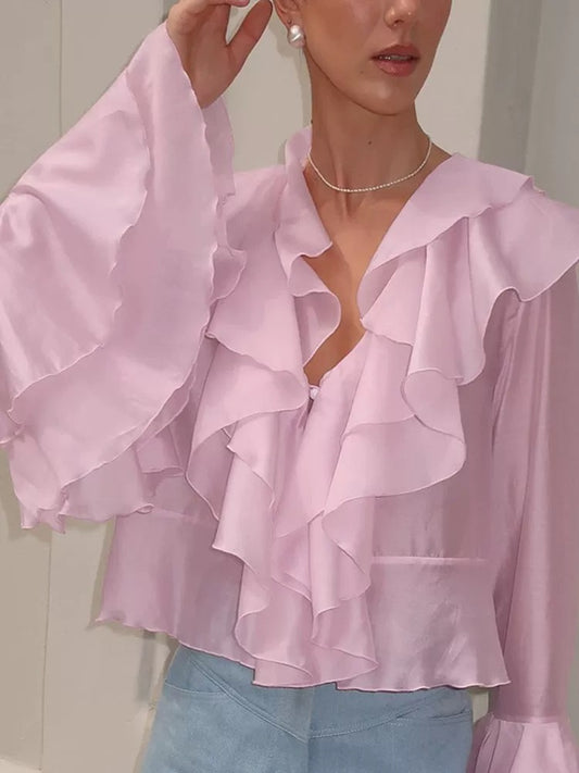 Summer Pink Chiffon Layered VNeck Ruffle Top | Tencel Cotton Blend | noémi
