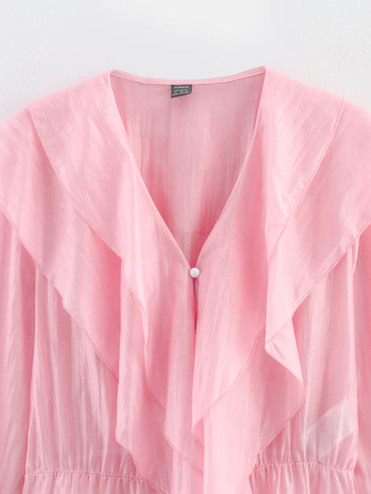 Summer Pink Chiffon Layered VNeck Ruffle Top | Tencel Cotton Blend | noémi