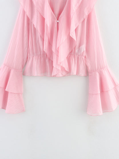 Summer Pink Chiffon Layered VNeck Ruffle Top | Tencel Cotton Blend | noémi