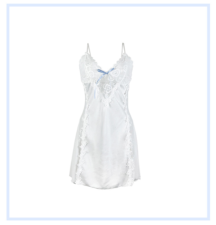 Satin Lace Trim Nightdress | White Slip with Bow & Side Slit | noémi