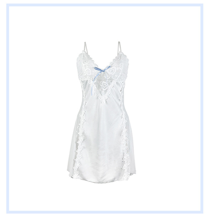 Satin Lace Trim Nightdress | White Slip with Bow & Side Slit | noémi