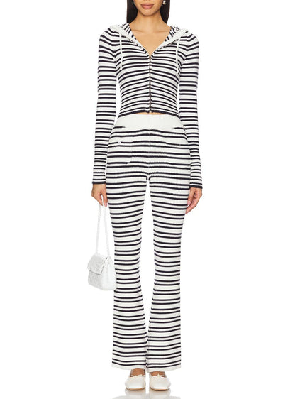 Womens Striped Three Piece Set | Slim Fit Knit Cardigan, Bootcut Trousers & Hooded Top | noémi