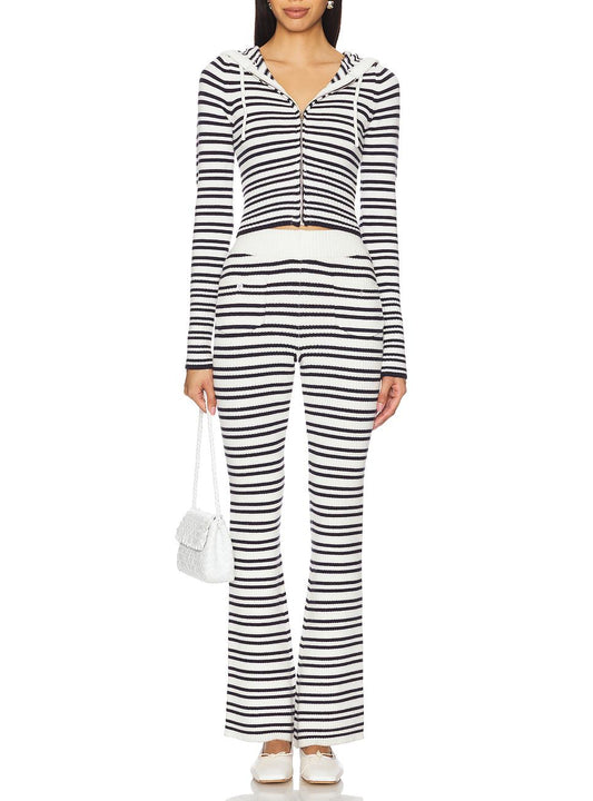 Womens Striped Three Piece Set | Slim Fit Knit Cardigan, Bootcut Trousers & Hooded Top | noémi