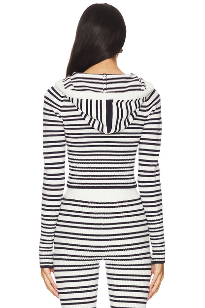 Womens Striped Three Piece Set | Slim Fit Knit Cardigan, Bootcut Trousers & Hooded Top | noémi
