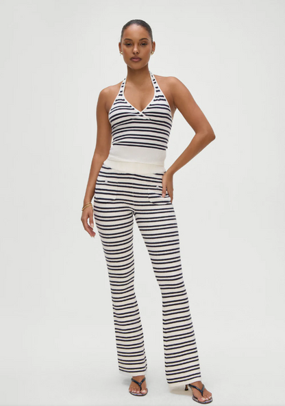 Womens Striped Three Piece Set | Slim Fit Knit Cardigan, Bootcut Trousers & Hooded Top | noémi