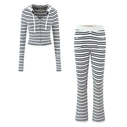 Womens Striped Three Piece Set | Slim Fit Knit Cardigan, Bootcut Trousers & Hooded Top | noémi
