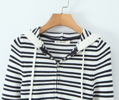 Womens Striped Three Piece Set | Slim Fit Knit Cardigan, Bootcut Trousers & Hooded Top | noémi