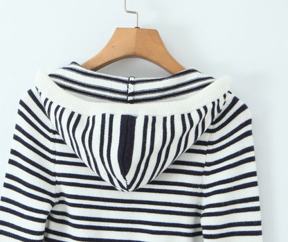 Womens Striped Three Piece Set | Slim Fit Knit Cardigan, Bootcut Trousers & Hooded Top | noémi
