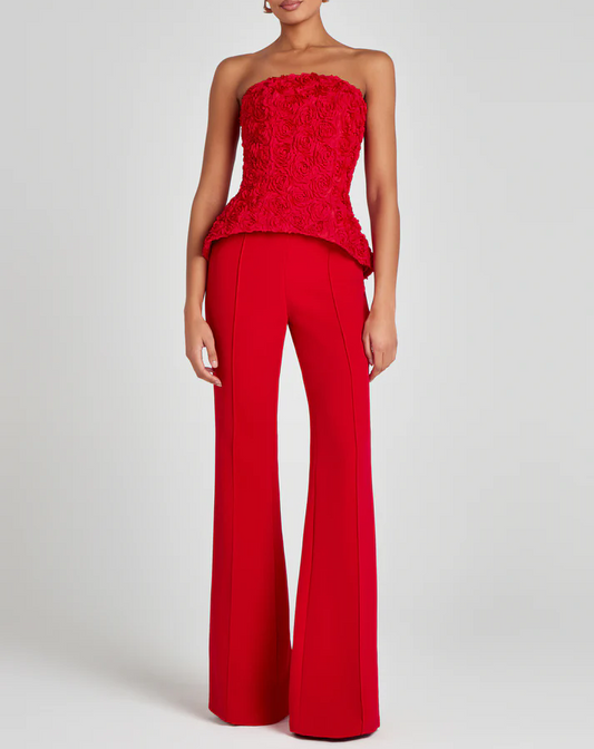 Womens Tube Top & Straight Leg Trousers Set | Draped Red Two Piece Outfit | noémi
