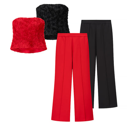 Womens Tube Top & Straight Leg Trousers Set | Draped Red Two Piece Outfit | noémi
