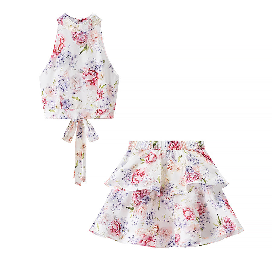 Floral Two Piece Set | Sleeveless Halter Crop Top & Ruffled Mini Skirt | noémi