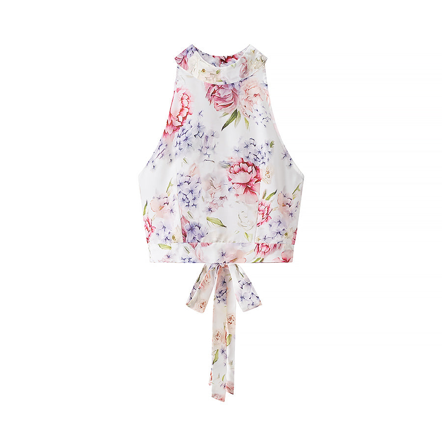 Floral Two Piece Set | Sleeveless Halter Crop Top & Ruffled Mini Skirt | noémi