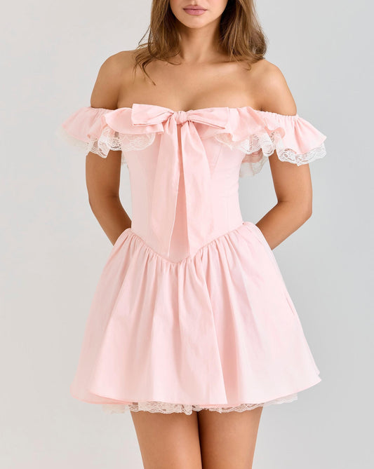 Off Shoulder Lace Trim Mini Dress | Ruffle Sleeve, Bow Tie, Cottagecore Style | noémi