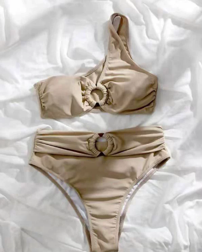 High Waist Solid Color Bikini Set with Shoulder Strap Detail for Women | noémi