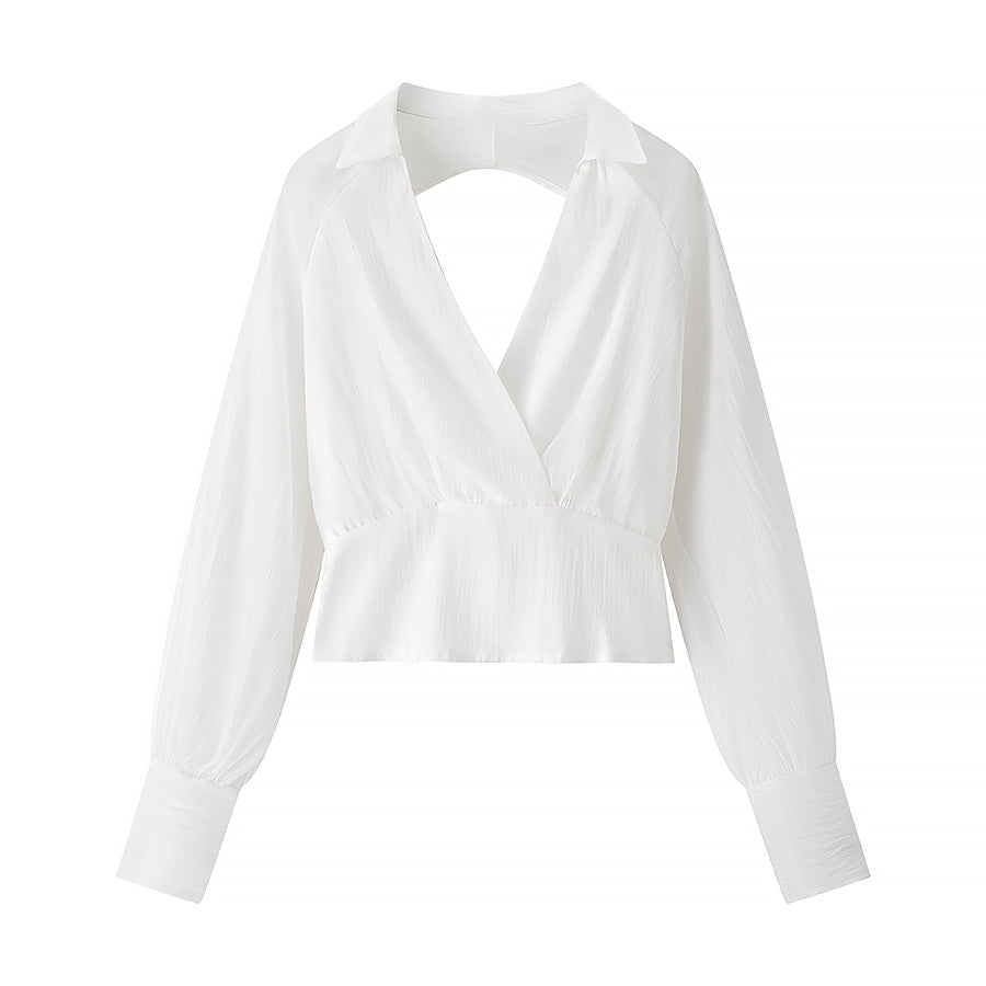 Vintage Deep V Plunge Collared Long Sleeve WaistDefined Short Dress with Bare Back | High Waist Pleated Skirt | noémi