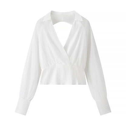 Vintage Deep V Plunge Collared Long Sleeve WaistDefined Short Dress with Bare Back | High Waist Pleated Skirt | noémi