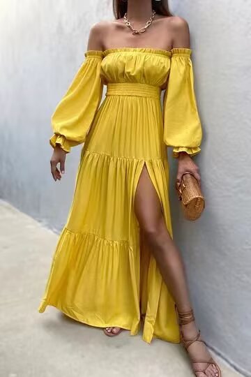 Yellow Off Shoulder Maxi Dress | Pleated Waist, Flowing Fit | noémi