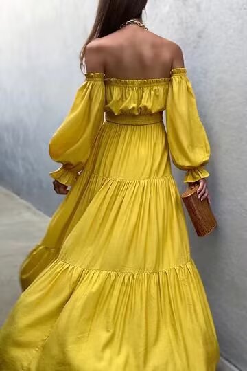 Yellow Off Shoulder Maxi Dress | Pleated Waist, Flowing Fit | noémi