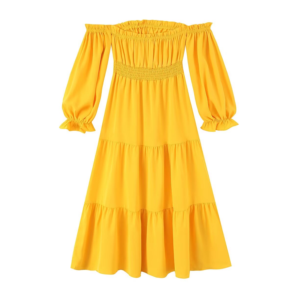 Yellow Off Shoulder Maxi Dress | Pleated Waist, Flowing Fit | noémi