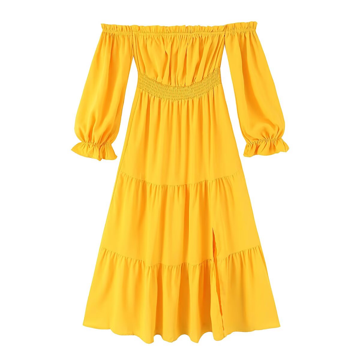Yellow Off Shoulder Maxi Dress | Pleated Waist, Flowing Fit | noémi