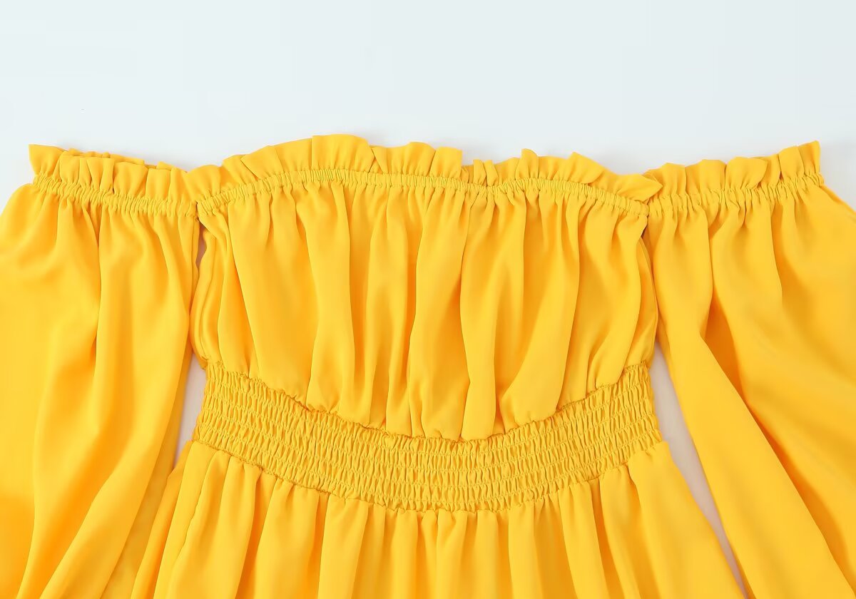 Yellow Off Shoulder Maxi Dress | Pleated Waist, Flowing Fit | noémi