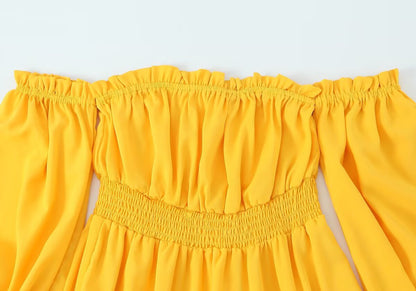 Yellow Off Shoulder Maxi Dress | Pleated Waist, Flowing Fit | noémi