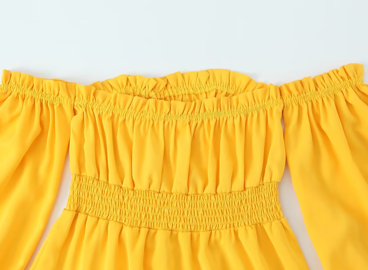 Yellow Off Shoulder Maxi Dress | Pleated Waist, Flowing Fit | noémi
